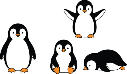 Obraz premium Cute Penguin Cartoon Characters Collection Featuring Standing Sitting Waving and Sleeping Poses in Flat Vector Illustration Isolated on White Background