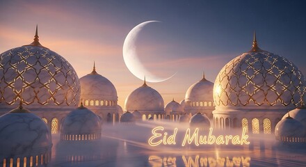 Celebratory scene of a beautifully illuminated mosque during eid mubarak festival.