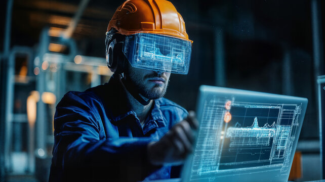 Focused industrial engineer wearing an augmented reality headset and hard hat interacts with complex holographic blueprints displayed on a glowing laptop screen in a dimly lit factory setting