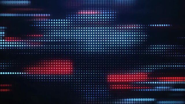 Blue and red digital dot motion background with dynamic data wave and glowing tech grid, futuristic AI network backdrop for fintech, cybersecurity and corporate branding.
