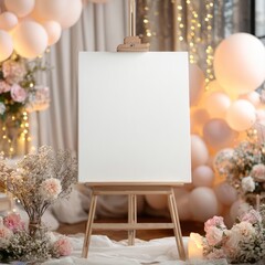 Empty White Canvas on Wooden Easel in Elegant Floral and Balloon Decor Setting
