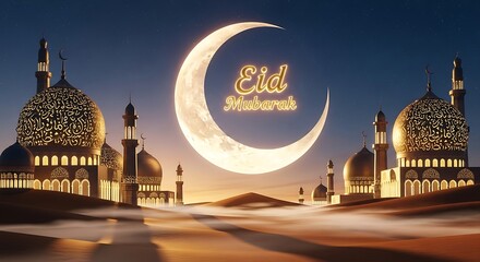 Celebrating the serene beauty of eid al-adha under a crescent moon in an architectural wonderland.