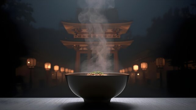 Untitled noodle design 2026 steaming hot bowl before a traditional Japanese temple at night with lanterns