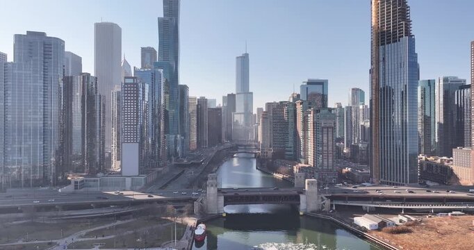 Aerial View of Chicago River and Downtown Skyline on a Winter Sunday, February 15, 2026