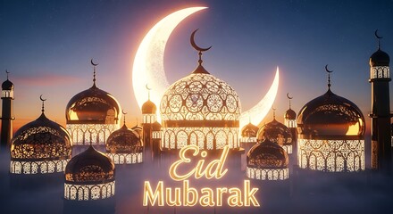 Celebratory mosque scene with crescent moon and eid mubarak message
