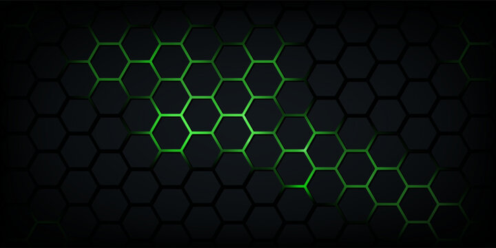 Dark technology hexagonal vector abstract background. Green bright energy flashes under hexagon in dark technology futuristic modern background vector illustration. Gray honeycomb texture grid.