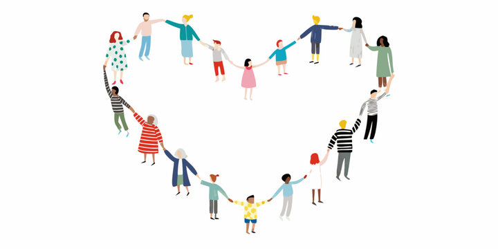 Diverse group of people forming a heart shape with joined hands