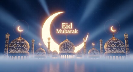 Celebrating the joyous occasion of eid mubarak with illuminated cityscape and crescent moons.