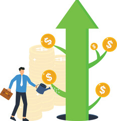 Businessman watering money tree, financial growth investment strategy, business success upward arrow, dollar coins wealth management, savings account future planning