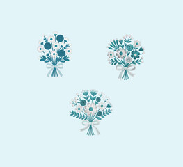 Hand drawn teal and white floral bouquet vector set with decorative bows isolated on light blue background for spring design