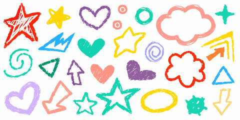 Colorful crayon doodles of stars hearts shapes and abstract forms