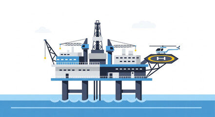 Offshore oil rig with helicopter landing pad illustration. © Iwan