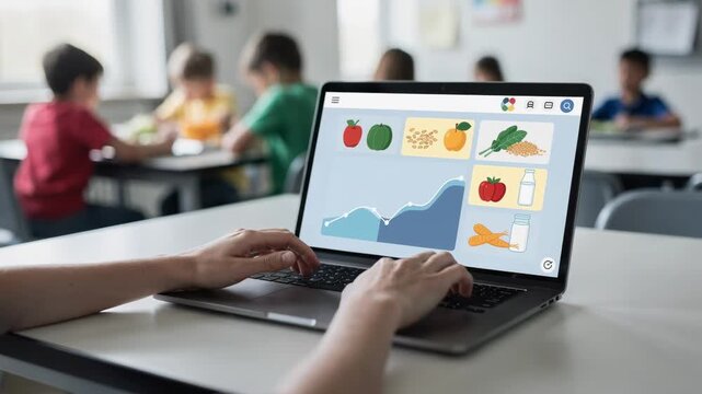 Close medium view of school menu planner using AI software to balance child nutrition and reduce food waste digital interface clear background elements blurred.