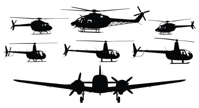 Collection of various black silhouette illustrations featuring multiple types of rotorcraft helicopters and a fixed-wing twin-engine propeller airplane viewed from different angles.