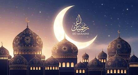 Majestic mosque architecture under a crescent moon at dusk with islamic calligraphy