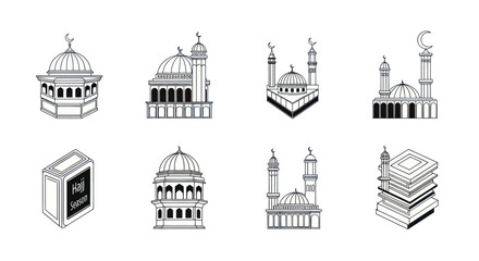 Fototapeta premium Black and white vector icons of mosques and Islamic book with Hajj season text, Islamic religious symbols for Ramadan and Hajj designs