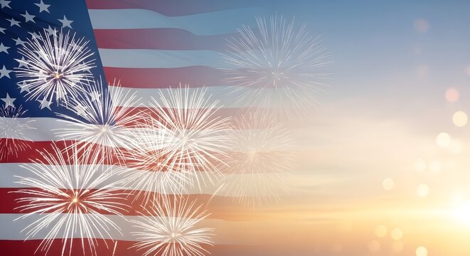 Vibrant fireworks exploding in front of a large american flag at sunset with a colorful sky