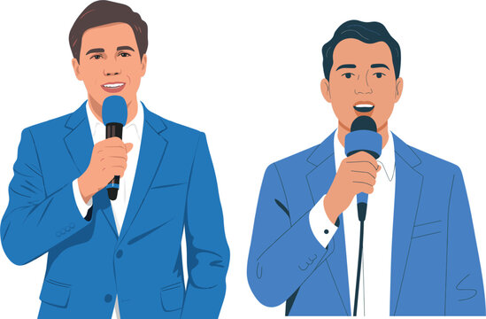Professional male news anchor and reporter characters speaking into microphones, television journalists in blue suits flat vector illustration