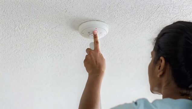Woman Adjusting Ceiling Smoke Detector.