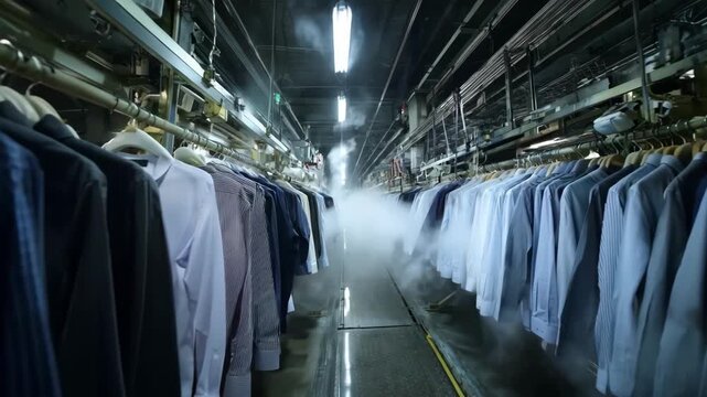 Industrial medium shot capturing rows of garments passing through steam tunnel finishers highlighting advanced energyefficient textile finishing process.