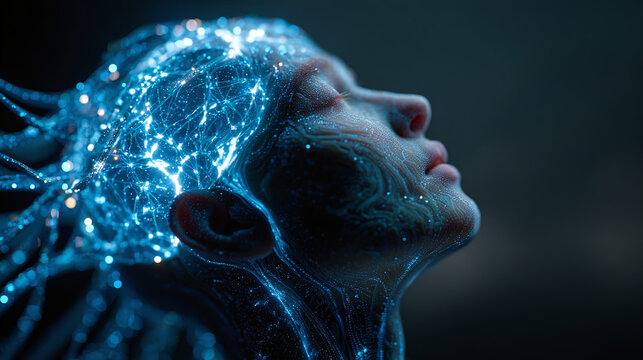 A person with digital glowing elements on the head representing innovative thinking