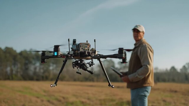 Medium shot showing a professional testing drone range capabilities in an open field to evaluate signal strength and operational distance limits