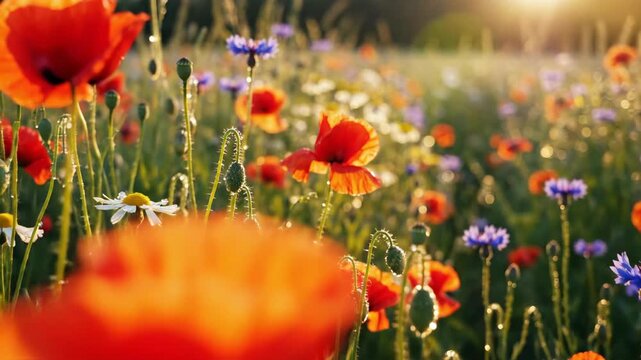 Vibrant field of wildflowers with poppies and cornflowers in golden hour sunlight.