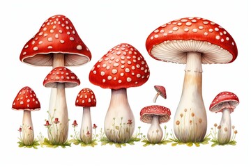 A watercolor illustration of various red mushrooms with white spots on white background