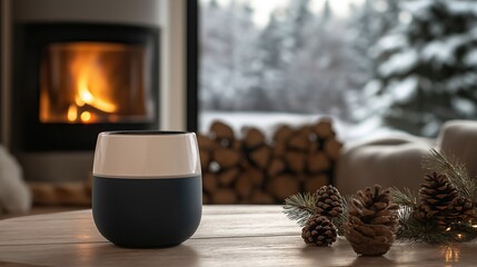 Modern mug on wooden table with pinecones and a fireplace, snowy trees visible through the window.