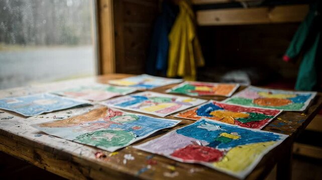 Medium shot of painted art projects drying on a wooden table in sharp focus while the rainy day atmosphere inside the camp cabin fades gently into a blur.