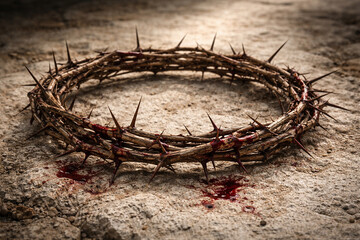 Fototapeta premium Rustic thorn crown on sandy terrain with three crosses afar capturing the sorrow and hope of Easter story.