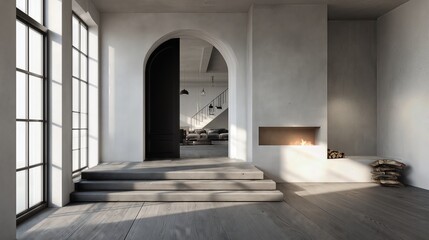 Bright minimalistic interior with a fireplace and large windows.