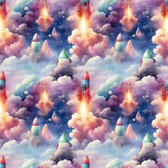 Whimsical rockets launching into a dreamy, colorful sky filled with fluffy clouds and stars