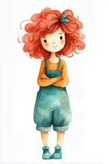 Watercolor illustration of red-haired girl in teal overalls smiling confidently.