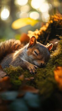 A sleeping squirrel curled up in a hollow tree, nestled in a cozy spot with soft lighting highlighting its fur and natural textures.