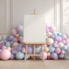 Empty White Canvas on Wooden Easel Surrounded by Pastel Balloons in Elegant Room