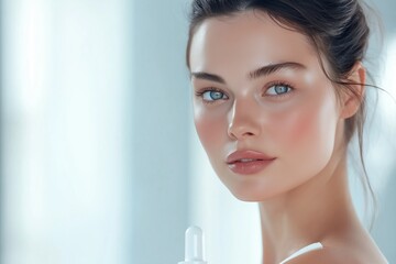A close-up of a young woman with flawless skin holding a serum dropper bottle in soft natural light