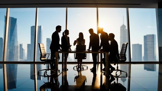 Silhouetted Business Team Meeting In Modern Office.