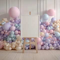 Empty Whiteboard on Wooden Easel Surrounded by Colorful Pastel Balloons in Soft Light