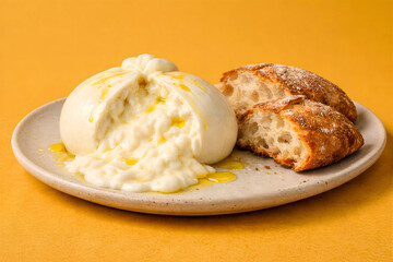 Creamy Burrata Cheese with Olive Oil and Crusty Bread on Yellow Background
