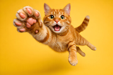 Funny Ginger Cat Jumping Toward Camera with Paws Out on Yellow Background