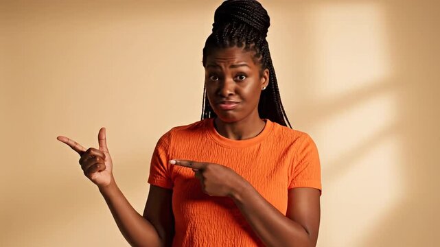 Expressive young African-American woman in an orange shirt showing different emotions and gestures