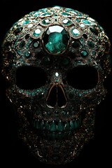 A jewel-studded skull with glowing green gems and golden details viewed from the front