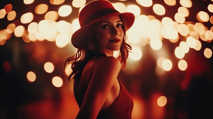 A woman in a red hat and sparkling dress posing with a mysterious look under warm golden lights