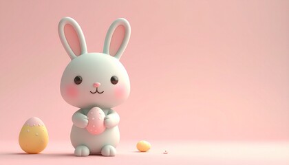 Obraz premium Pastel bunny figurine with round body, rosy cheeks, large pink-lined ears, holding decorated yellow-green Easter egg with blue accents against soft pink background—evoking whimsy and festivity.