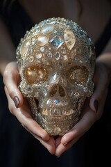 A person holding a golden crystal-covered skull with reflective diamonds and warm light
