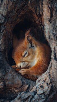 A sleeping squirrel curled up in a hollow tree, nestled in a cozy spot with soft lighting highlighting its fur and natural textures.