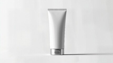White cosmetic tube on light background, minimal skincare packaging mockup with soft studio lighting.