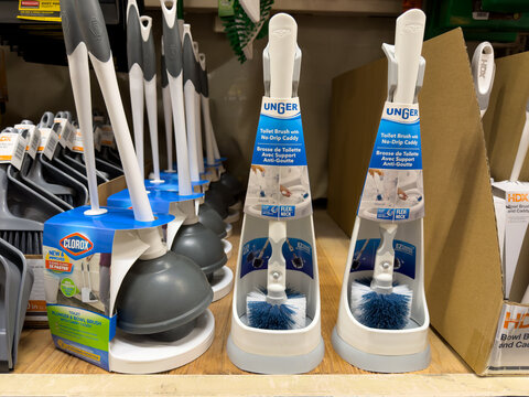 Unger Toilet Brush and Plunger Cleaning Tools Retail Display in Home Improvement Store