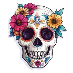 Day of The Dead Sugar Skull with floral ornament isolated on white background